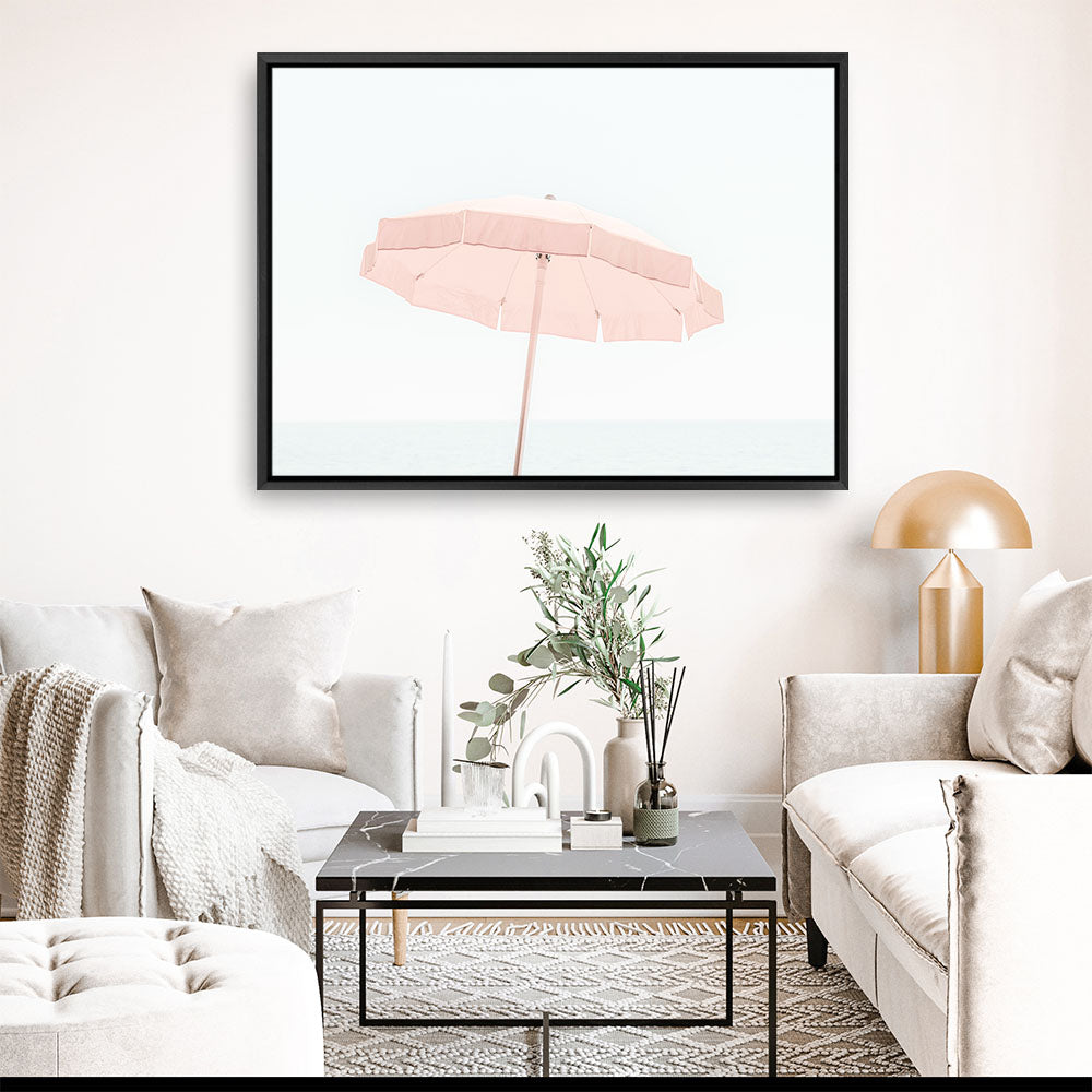 Shop Pink Parasol Photo Canvas Print a coastal themed photography framed stretched canvas print from The Print Emporium wall artwork collection - Buy Australian made prints for the home and your interior decor space, TPE-543-CA-35X46-NF