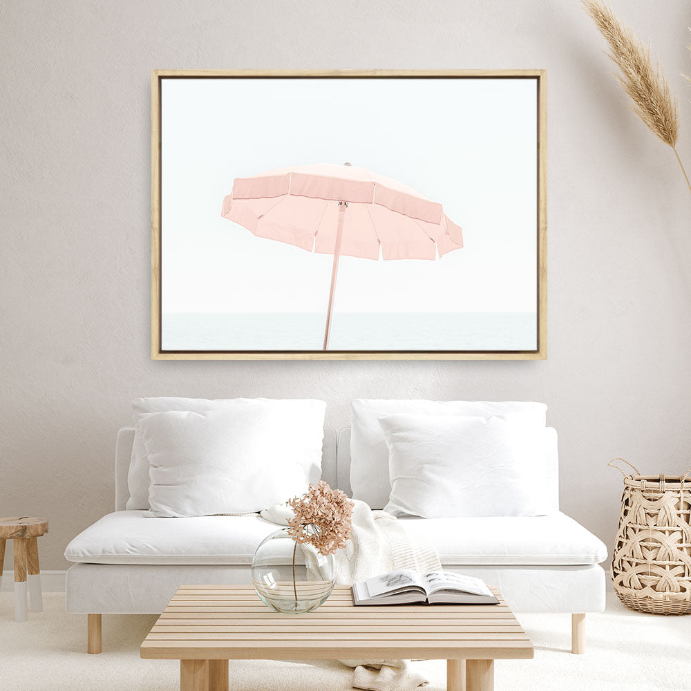 Shop Pink Parasol Photo Canvas Print a coastal themed photography framed stretched canvas print from The Print Emporium wall artwork collection - Buy Australian made prints for the home and your interior decor space, TPE-543-CA-35X46-NF