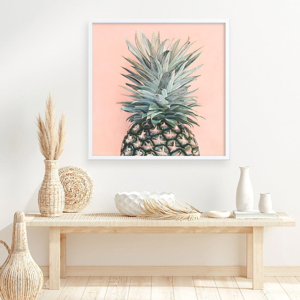 Shop Pink Pineapple (Square) Art Print a coastal themed painted wall art print from The Print Emporium wall artwork collection - Buy Australian made fine art painting style poster and framed prints for the home and your interior decor room, TPE-325-AP