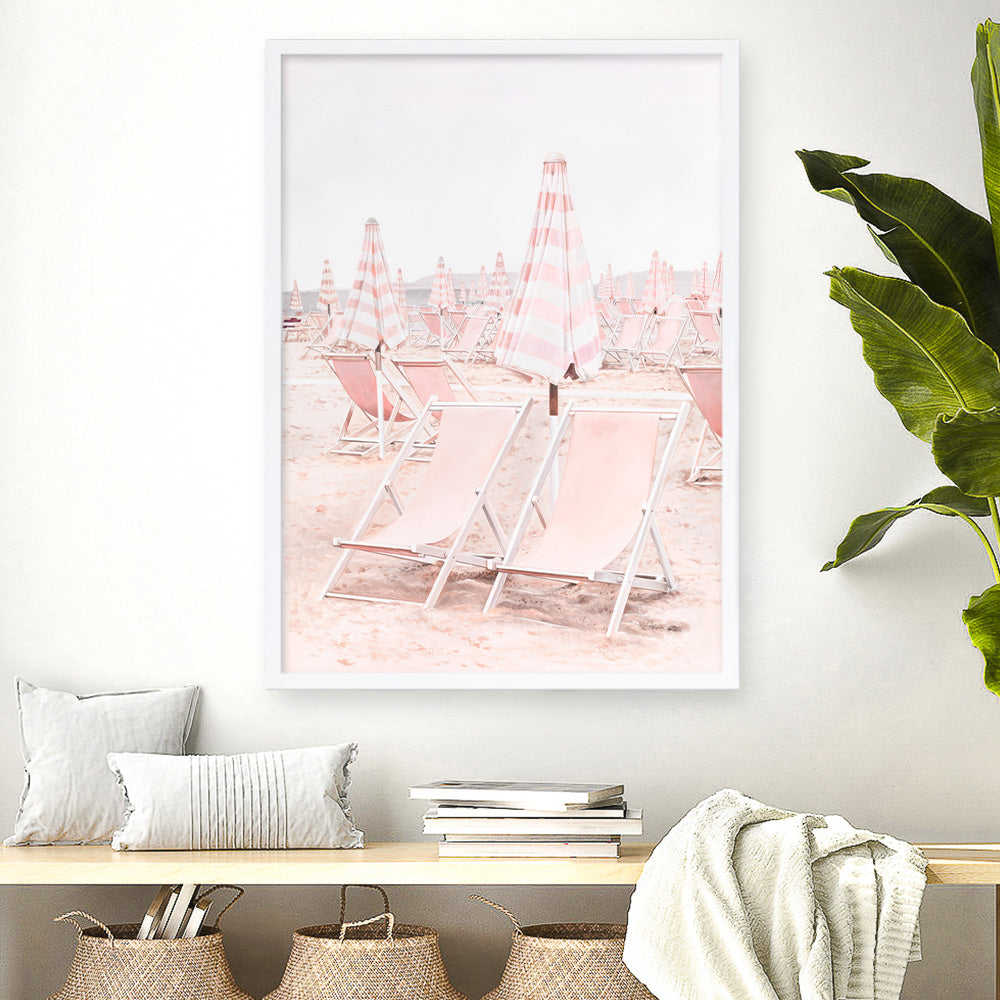 Shop Pink Umbrellas II Art Print a coastal themed painted wall art print from The Print Emporium wall artwork collection - Buy Australian made fine art painting style poster and framed prints for the home and your interior decor room, TPE-660-AP