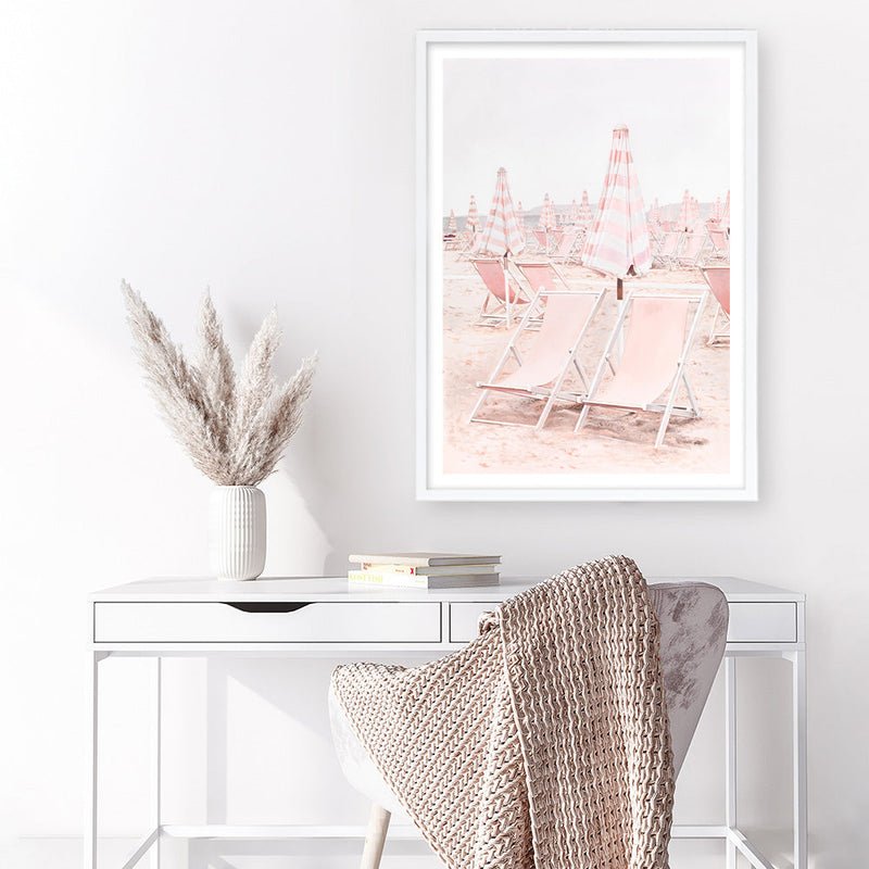 Shop Pink Umbrellas II Art Print a coastal themed painted wall art print from The Print Emporium wall artwork collection - Buy Australian made fine art painting style poster and framed prints for the home and your interior decor room, TPE-660-AP