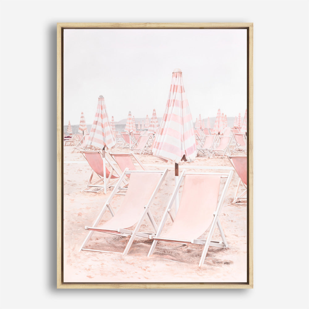 Shop Pink Umbrellas II Canvas Print a coastal themed painted framed canvas wall art print from The Print Emporium artwork collection - Buy Australian made fine art painting style stretched canvas prints for the home and your interior decor space, TPE-660-CA-35X46-NF