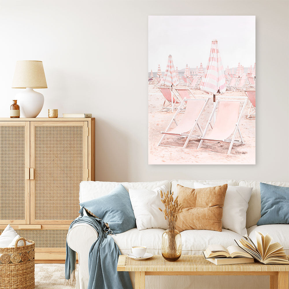 Shop Pink Umbrellas II Canvas Print a coastal themed painted framed canvas wall art print from The Print Emporium artwork collection - Buy Australian made fine art painting style stretched canvas prints for the home and your interior decor space, TPE-660-CA-35X46-NF