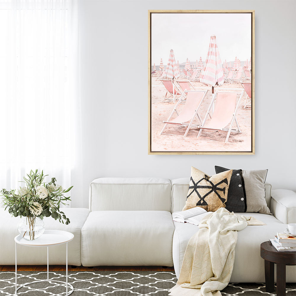 Shop Pink Umbrellas II Canvas Print a coastal themed painted framed canvas wall art print from The Print Emporium artwork collection - Buy Australian made fine art painting style stretched canvas prints for the home and your interior decor space, TPE-660-CA-35X46-NF