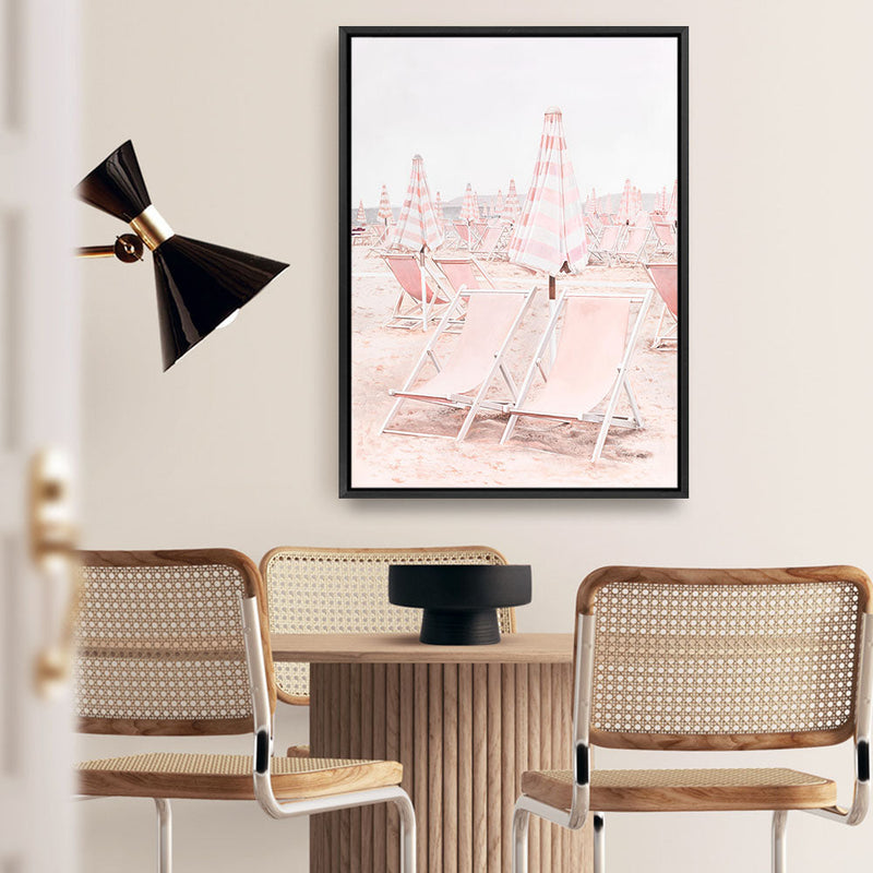 Shop Pink Umbrellas II Canvas Print a coastal themed painted framed canvas wall art print from The Print Emporium artwork collection - Buy Australian made fine art painting style stretched canvas prints for the home and your interior decor space, TPE-660-CA-35X46-NF