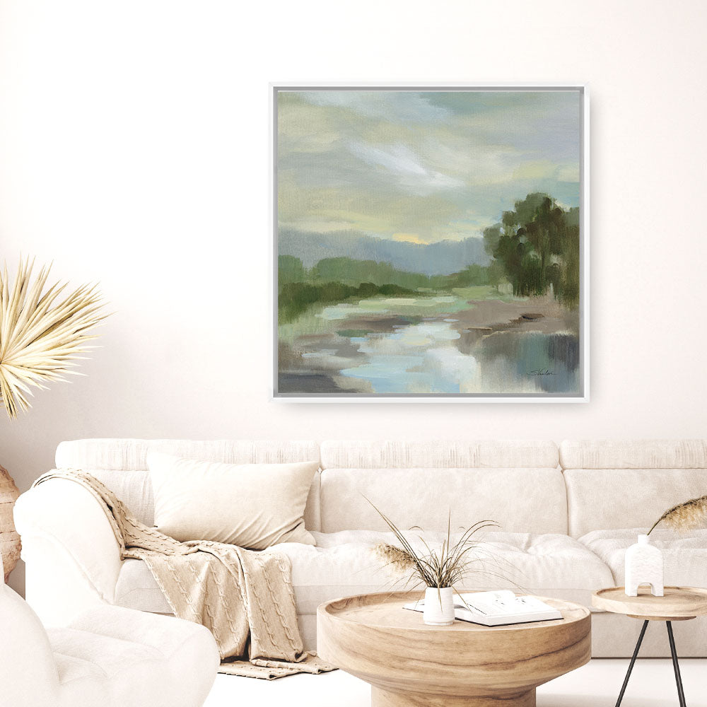 Shop Sage Lake (Square) Canvas Print a painted style framed canvas wall art print from The Print Emporium artwork collection - Buy Australian made fine art painting style stretched canvas prints for the home and your interior decor space, TPE-WA-68578-CA-40X40-NF