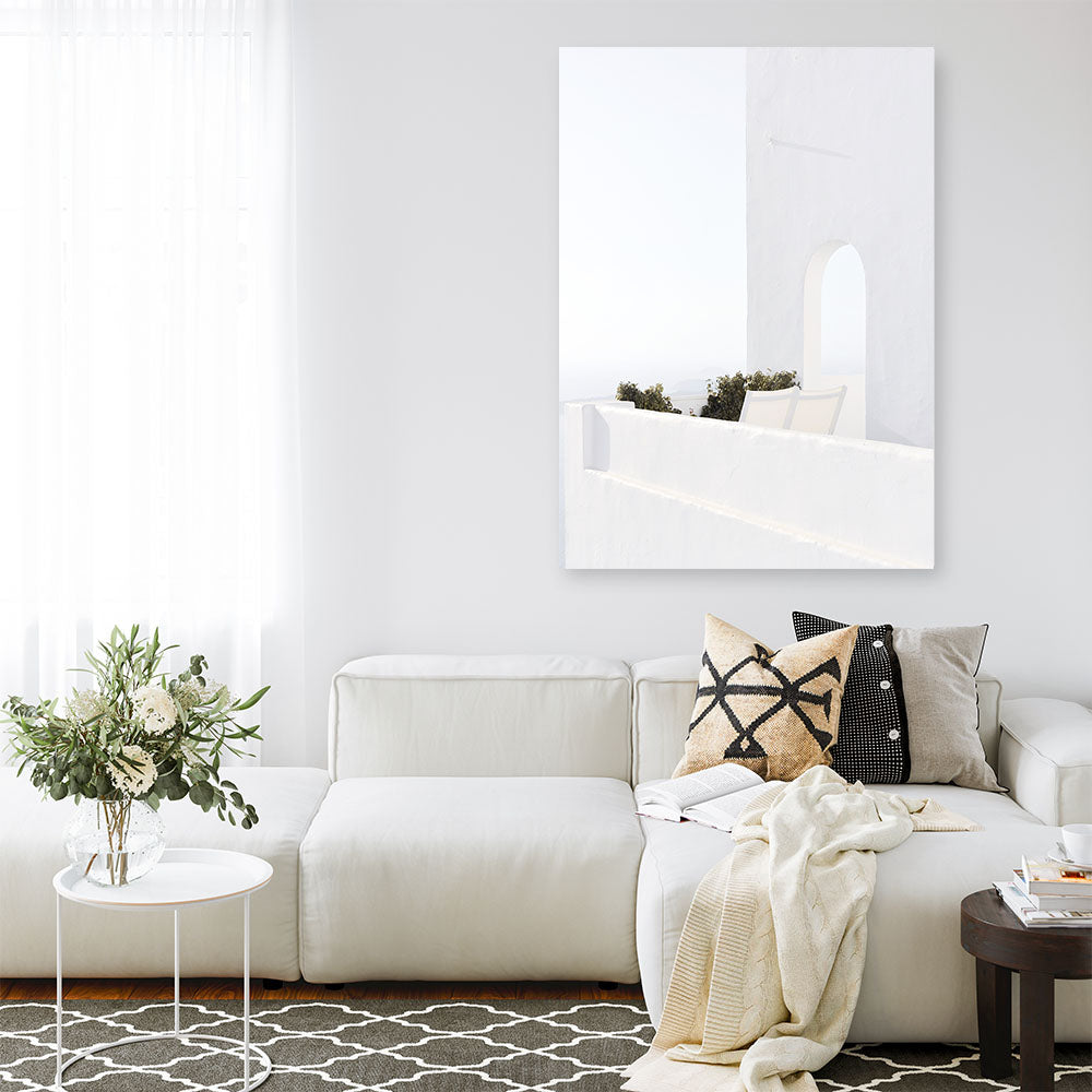 Shop Santorini Balcony Photo Canvas Print a coastal themed photography framed stretched canvas print from The Print Emporium wall artwork collection - Buy Australian made prints for the home and your interior decor space, TPE-1280-CA-35X46-NF