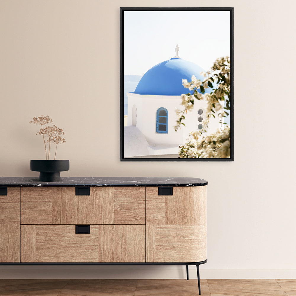 Shop Santorini Blossom Photo Canvas Print a coastal themed photography framed stretched canvas print from The Print Emporium wall artwork collection - Buy Australian made prints for the home and your interior decor space, TPE-1346-CA-35X46-NF