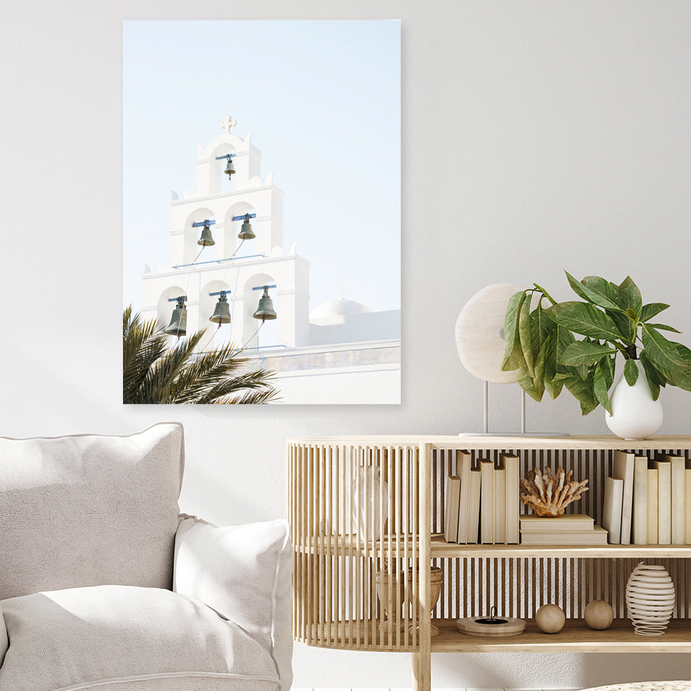 Shop Santorini Church Bells II Photo Canvas Print a photography framed stretched canvas print from The Print Emporium wall artwork collection - Buy Australian made prints for the home and your interior decor space, TPE-1365-CA-35X46-NF