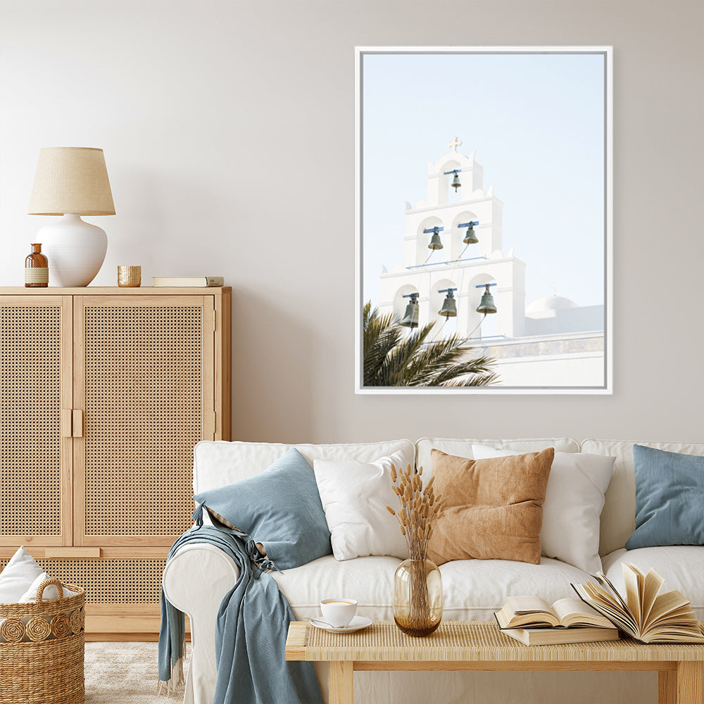 Shop Santorini Church Bells II Photo Canvas Print a photography framed stretched canvas print from The Print Emporium wall artwork collection - Buy Australian made prints for the home and your interior decor space, TPE-1365-CA-35X46-NF