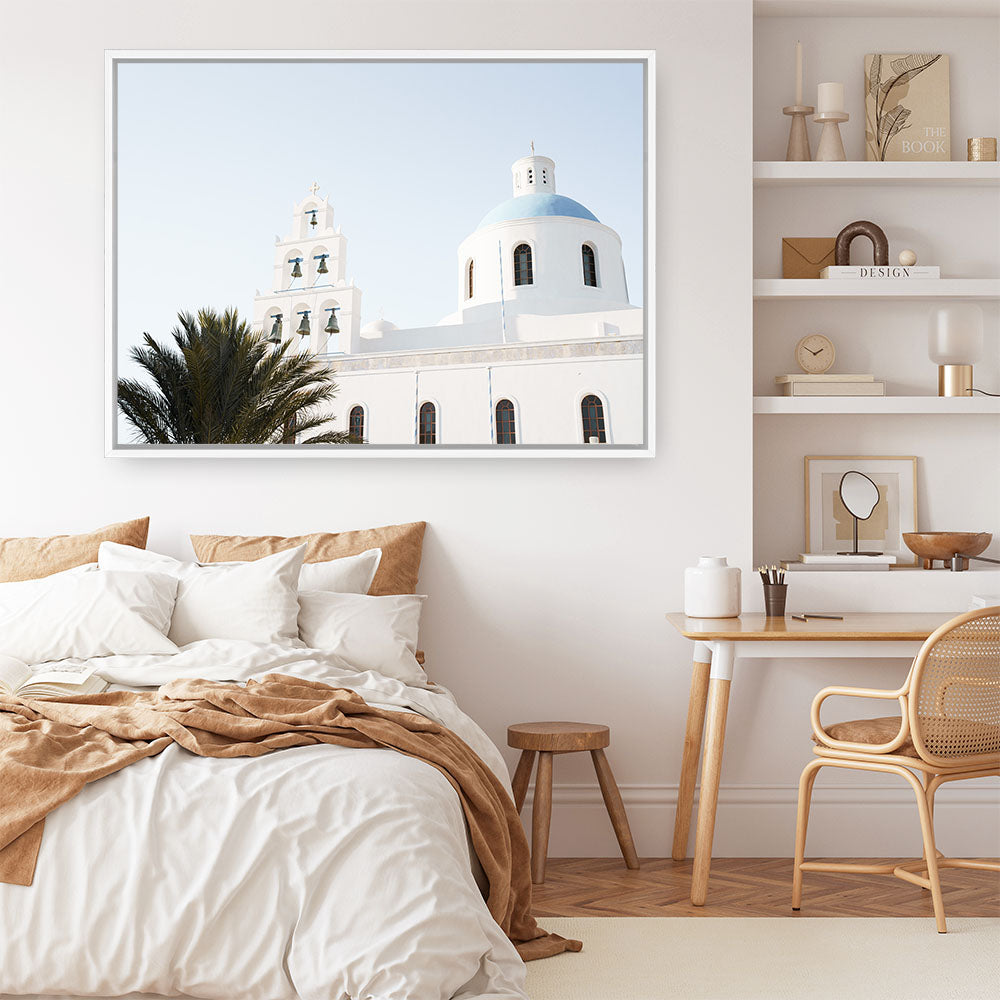 Shop Santorini Church Bells Photo Canvas Print a photography framed stretched canvas print from The Print Emporium wall artwork collection - Buy Australian made prints for the home and your interior decor space, TPE-1355-CA-35X46-NF