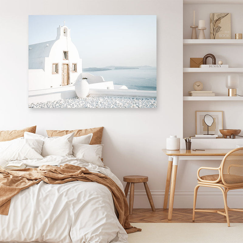 Shop Santorini Church Photo Canvas Print a coastal themed photography framed stretched canvas print from The Print Emporium wall artwork collection - Buy Australian made prints for the home and your interior decor space, TPE-1268-CA-35X46-NF