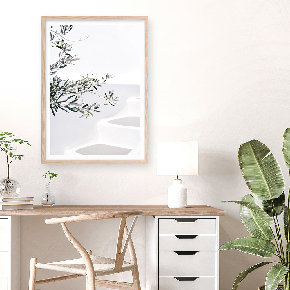 Shop Santorini Olive Branch Photo Art Print a coastal themed photography wall art print from The Print Emporium wall artwork collection - Buy Australian made fine art poster and framed prints for the home and your interior decor, TPE-1279-AP
