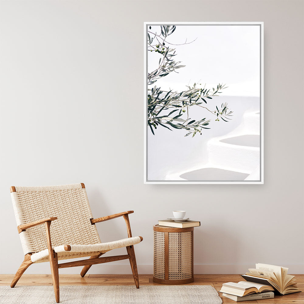 Shop Santorini Olive Branch Photo Canvas Print a coastal themed photography framed stretched canvas print from The Print Emporium wall artwork collection - Buy Australian made prints for the home and your interior decor space, TPE-1279-CA-35X46-NF