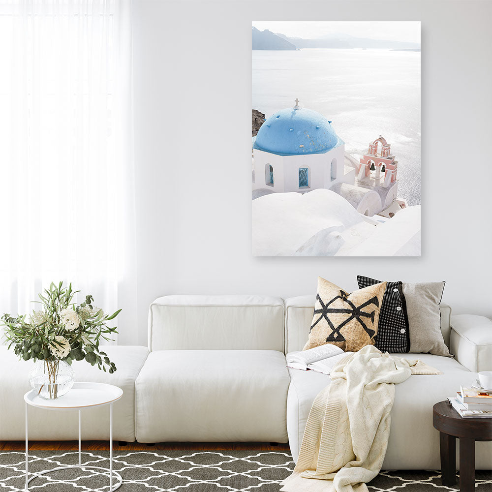 Shop Santorini Panorama I Photo Canvas Print a coastal themed photography framed stretched canvas print from The Print Emporium wall artwork collection - Buy Australian made prints for the home and your interior decor space, TPE-1319-CA-35X46-NF