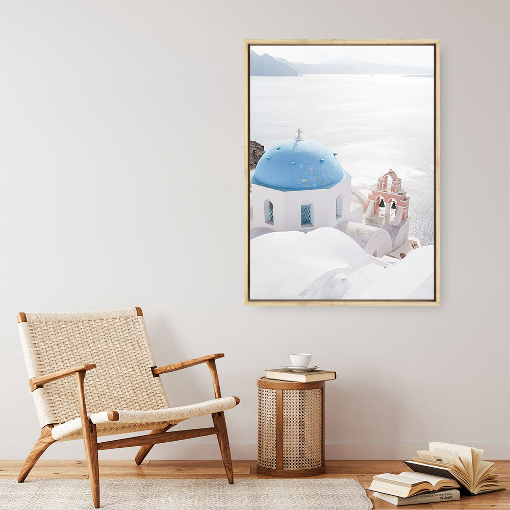 Shop Santorini Panorama I Photo Canvas Print a coastal themed photography framed stretched canvas print from The Print Emporium wall artwork collection - Buy Australian made prints for the home and your interior decor space, TPE-1319-CA-35X46-NF