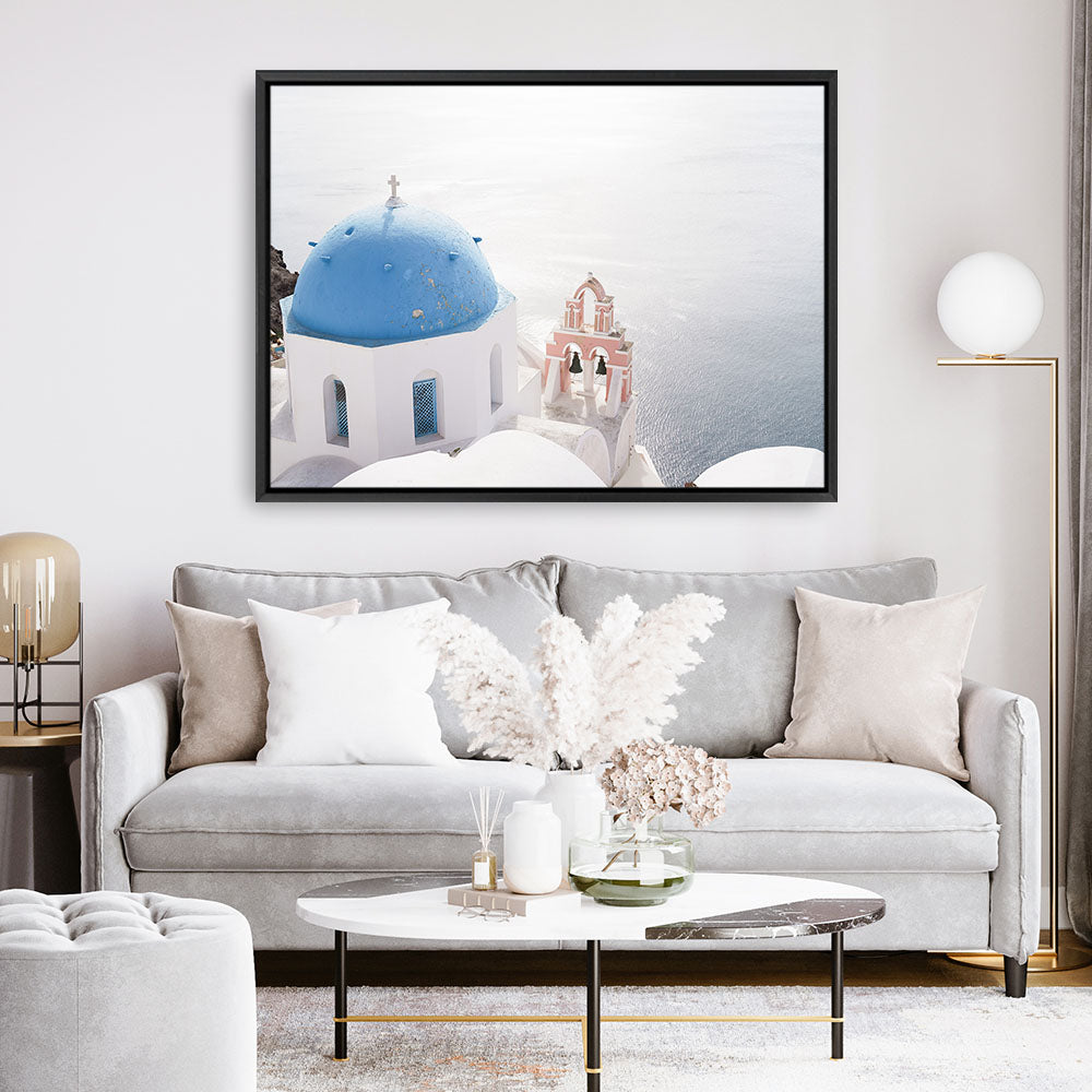 Shop Santorini Panorama II Photo Canvas Print a coastal themed photography framed stretched canvas print from The Print Emporium wall artwork collection - Buy Australian made prints for the home and your interior decor space, TPE-1320-CA-35X46-NF