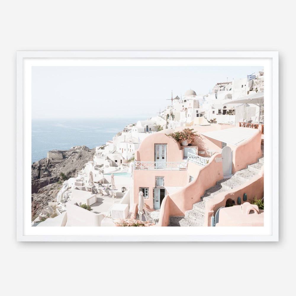 Shop Santorini Pink House I Photo Art Print a coastal themed photography wall art print from The Print Emporium wall artwork collection - Buy Australian made fine art poster and framed prints for the home and your interior decor, TPE-1324-AP