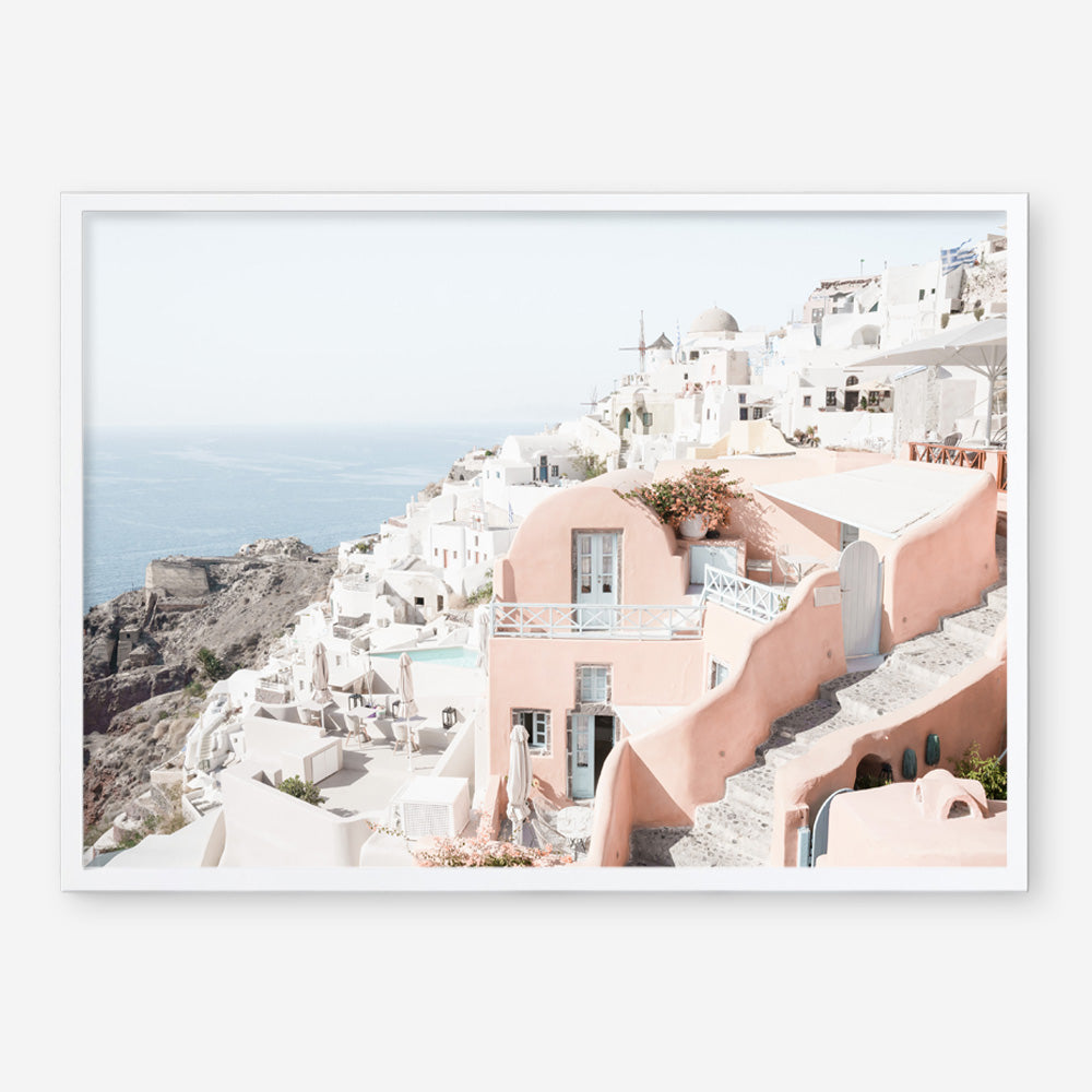 Shop Santorini Pink House I Photo Art Print a coastal themed photography wall art print from The Print Emporium wall artwork collection - Buy Australian made fine art poster and framed prints for the home and your interior decor, TPE-1324-AP