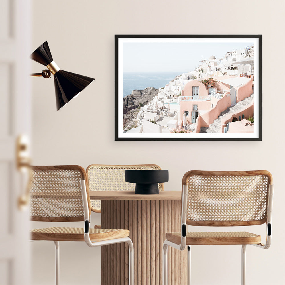 Shop Santorini Pink House I Photo Art Print a coastal themed photography wall art print from The Print Emporium wall artwork collection - Buy Australian made fine art poster and framed prints for the home and your interior decor, TPE-1324-AP
