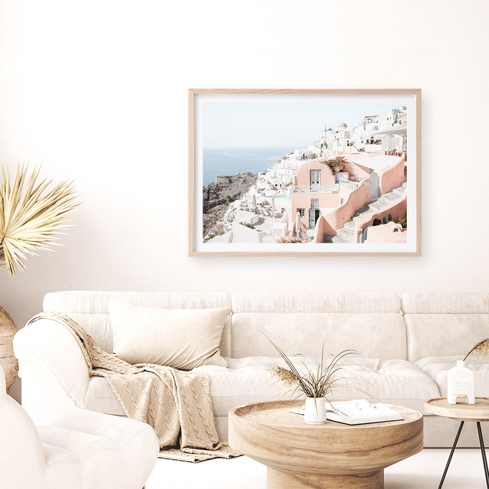 Shop Santorini Pink House I Photo Art Print a coastal themed photography wall art print from The Print Emporium wall artwork collection - Buy Australian made fine art poster and framed prints for the home and your interior decor, TPE-1324-AP