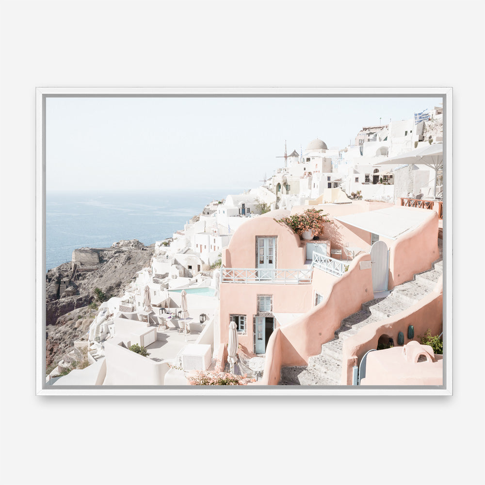 Shop Santorini Pink House I Photo Canvas Print a coastal themed photography framed stretched canvas print from The Print Emporium wall artwork collection - Buy Australian made prints for the home and your interior decor space, TPE-1324-CA-35X46-NF