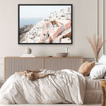Shop Santorini Pink House I Photo Canvas Print a coastal themed photography framed stretched canvas print from The Print Emporium wall artwork collection - Buy Australian made prints for the home and your interior decor space, TPE-1324-CA-35X46-NF
