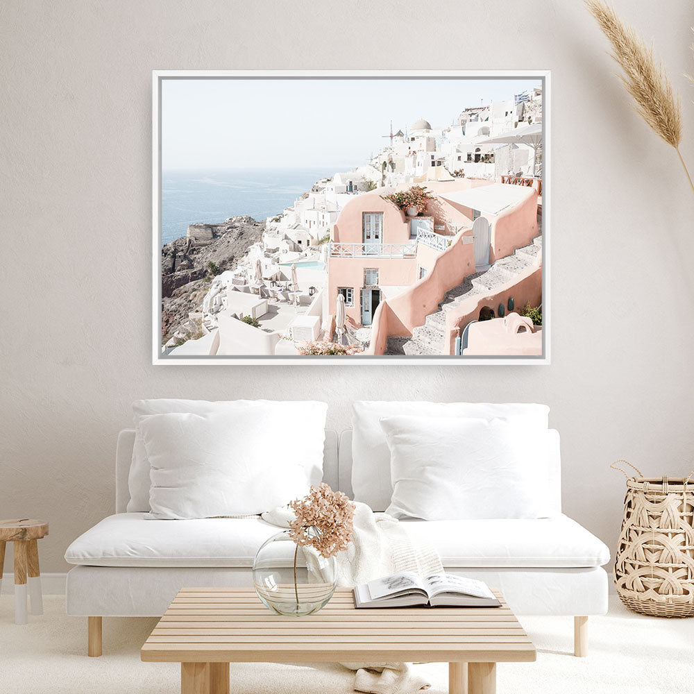 Shop Santorini Pink House I Photo Canvas Print a coastal themed photography framed stretched canvas print from The Print Emporium wall artwork collection - Buy Australian made prints for the home and your interior decor space, TPE-1324-CA-35X46-NF