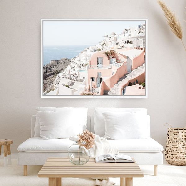 Shop Santorini Pink House I Photo Canvas Print a coastal themed photography framed stretched canvas print from The Print Emporium wall artwork collection - Buy Australian made prints for the home and your interior decor space, TPE-1324-CA-35X46-NF