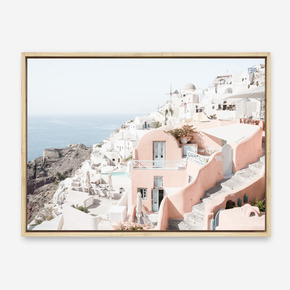Shop Santorini Pink House I Photo Canvas Print a coastal themed photography framed stretched canvas print from The Print Emporium wall artwork collection - Buy Australian made prints for the home and your interior decor space, TPE-1324-CA-35X46-NF
