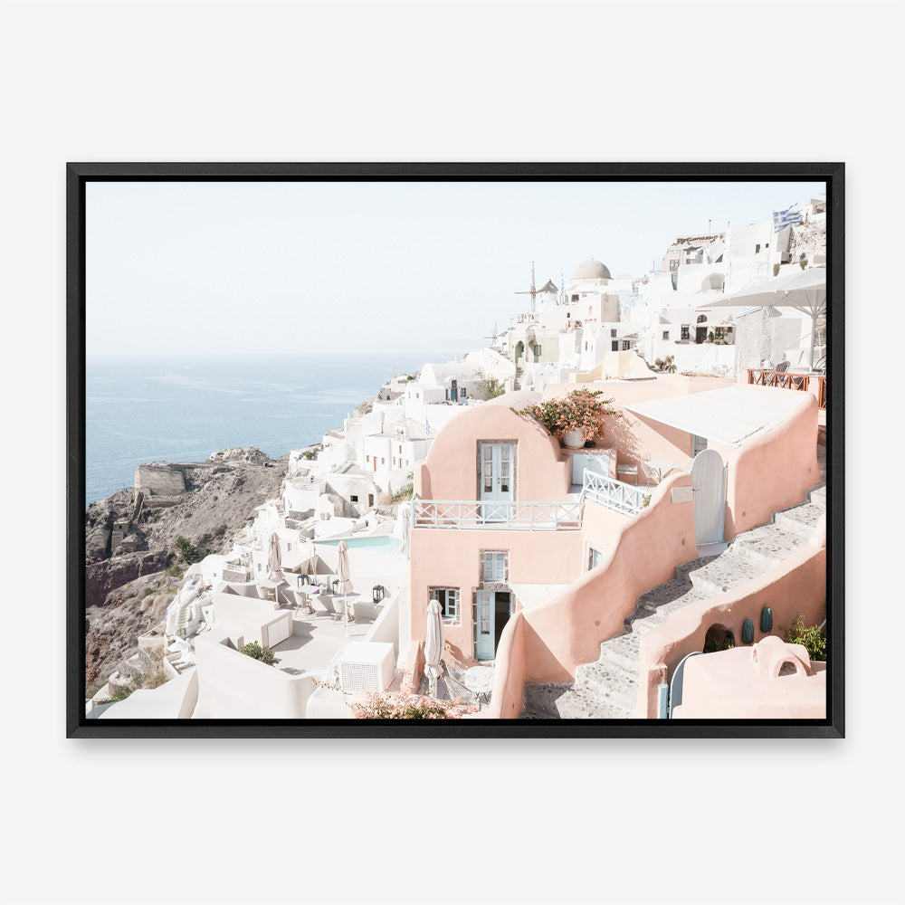 Shop Santorini Pink House I Photo Canvas Print a coastal themed photography framed stretched canvas print from The Print Emporium wall artwork collection - Buy Australian made prints for the home and your interior decor space, TPE-1324-CA-35X46-NF