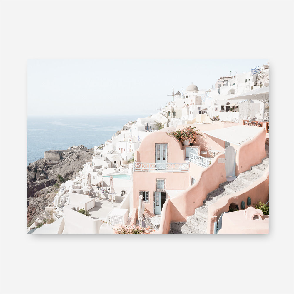 Shop Santorini Pink House I Photo Canvas Print a coastal themed photography framed stretched canvas print from The Print Emporium wall artwork collection - Buy Australian made prints for the home and your interior decor space, TPE-1324-CA-35X46-NF