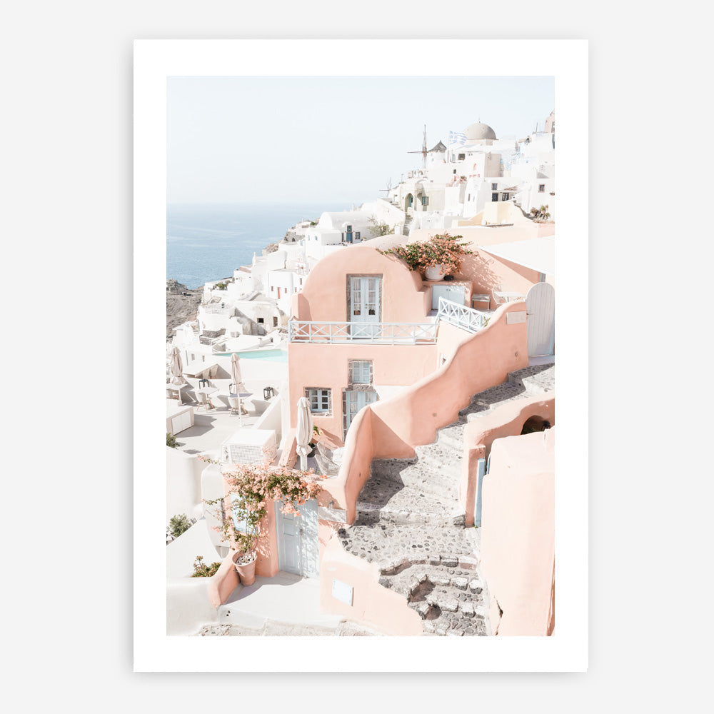 Shop Santorini Pink House II Photo Art Print a coastal themed photography wall art print from The Print Emporium wall artwork collection - Buy Australian made fine art poster and framed prints for the home and your interior decor, TPE-1325-AP