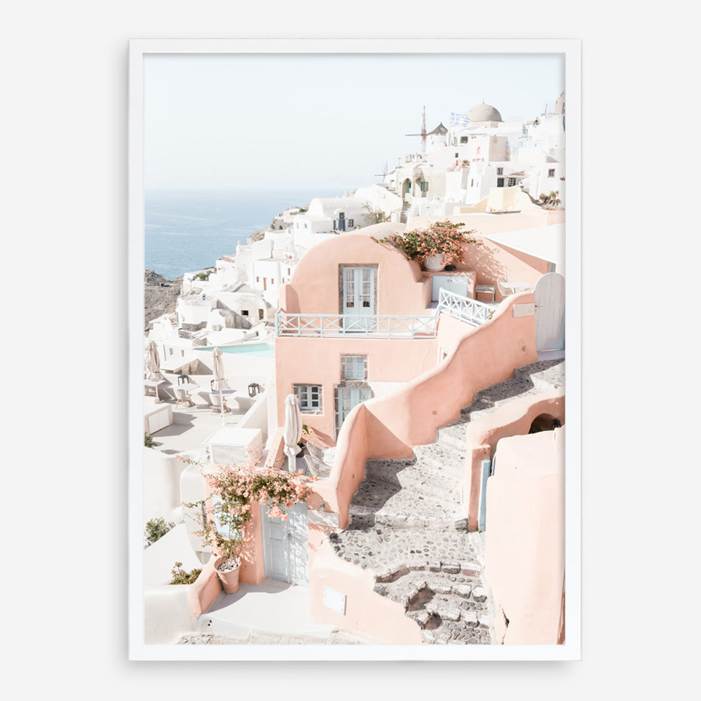 Shop Santorini Pink House II Photo Art Print a coastal themed photography wall art print from The Print Emporium wall artwork collection - Buy Australian made fine art poster and framed prints for the home and your interior decor, TPE-1325-AP