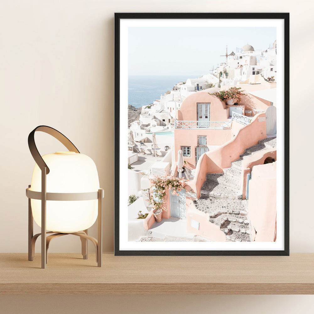 Shop Santorini Pink House II Photo Art Print a coastal themed photography wall art print from The Print Emporium wall artwork collection - Buy Australian made fine art poster and framed prints for the home and your interior decor, TPE-1325-AP
