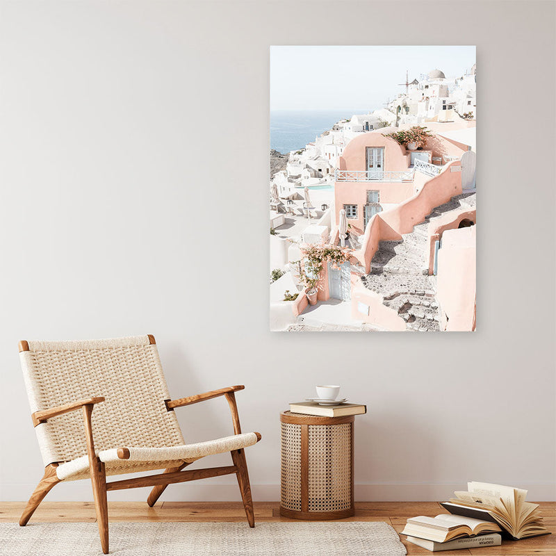 Shop Santorini Pink House II Photo Canvas Print a coastal themed photography framed stretched canvas print from The Print Emporium wall artwork collection - Buy Australian made prints for the home and your interior decor space, TPE-1325-CA-35X46-NF