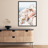 Shop Santorini Pink House II Photo Canvas Print a coastal themed photography framed stretched canvas print from The Print Emporium wall artwork collection - Buy Australian made prints for the home and your interior decor space, TPE-1325-CA-35X46-NF