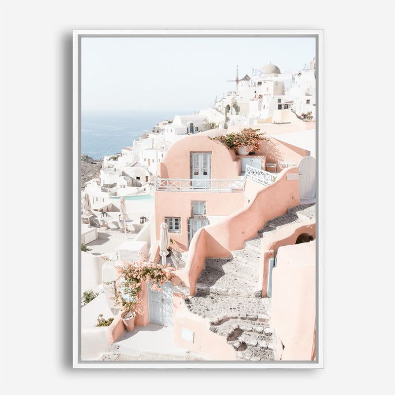 Shop Santorini Pink House II Photo Canvas Print a coastal themed photography framed stretched canvas print from The Print Emporium wall artwork collection - Buy Australian made prints for the home and your interior decor space, TPE-1325-CA-35X46-NF