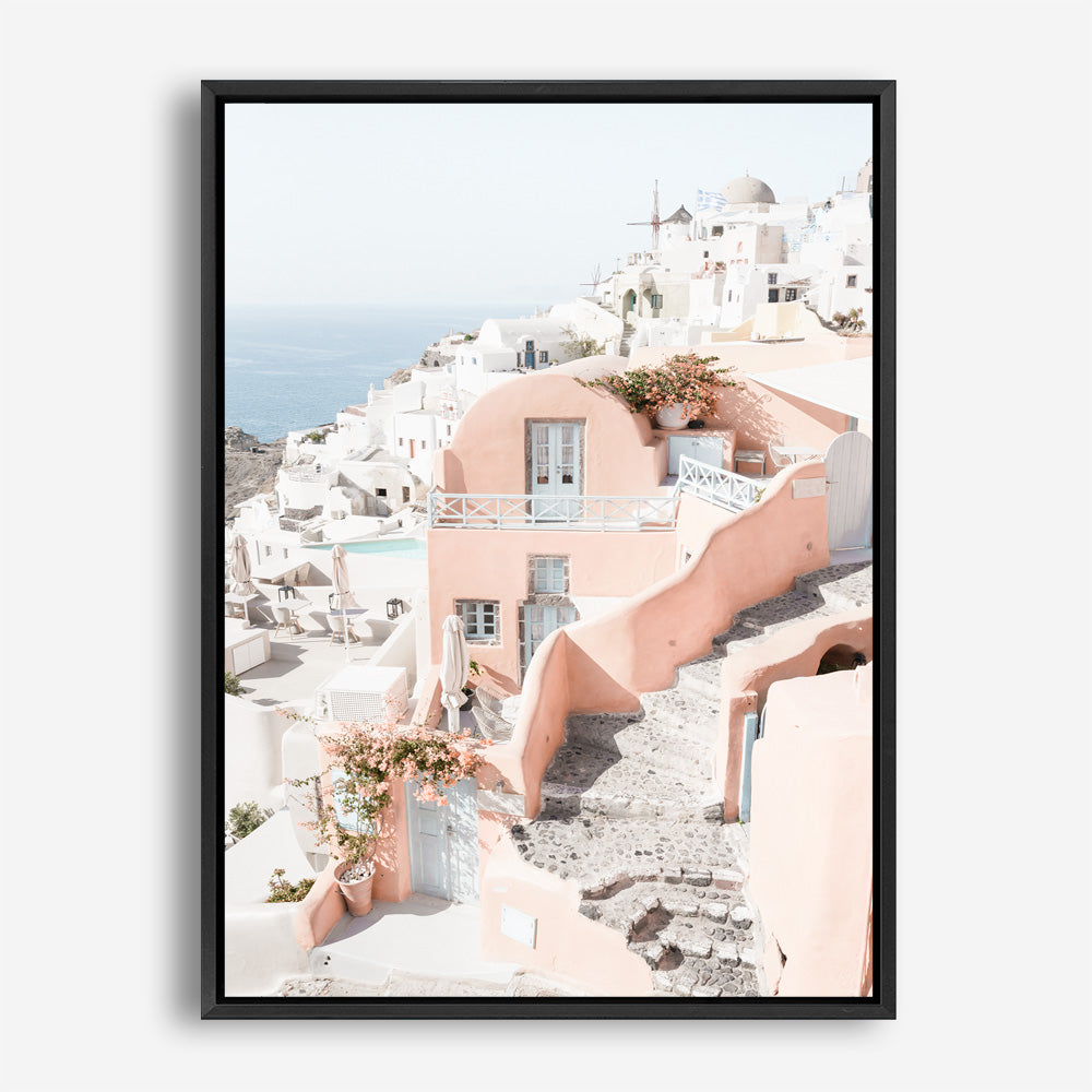 Shop Santorini Pink House II Photo Canvas Print a coastal themed photography framed stretched canvas print from The Print Emporium wall artwork collection - Buy Australian made prints for the home and your interior decor space, TPE-1325-CA-35X46-NF