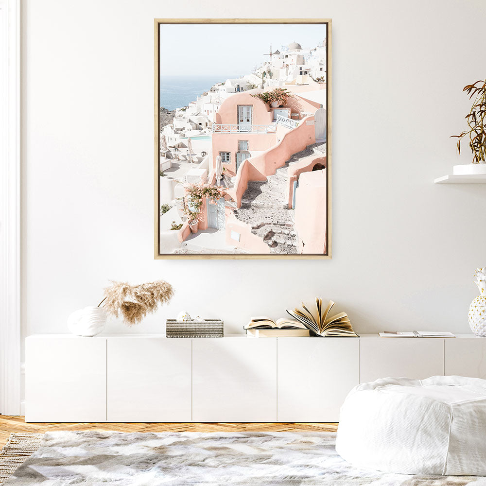 Shop Santorini Pink House II Photo Canvas Print a coastal themed photography framed stretched canvas print from The Print Emporium wall artwork collection - Buy Australian made prints for the home and your interior decor space, TPE-1325-CA-35X46-NF
