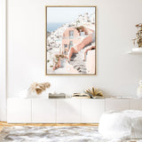 Shop Santorini Pink House II Photo Canvas Print a coastal themed photography framed stretched canvas print from The Print Emporium wall artwork collection - Buy Australian made prints for the home and your interior decor space, TPE-1325-CA-35X46-NF