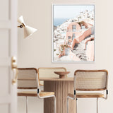 Shop Santorini Pink House II Photo Canvas Print a coastal themed photography framed stretched canvas print from The Print Emporium wall artwork collection - Buy Australian made prints for the home and your interior decor space, TPE-1325-CA-35X46-NF