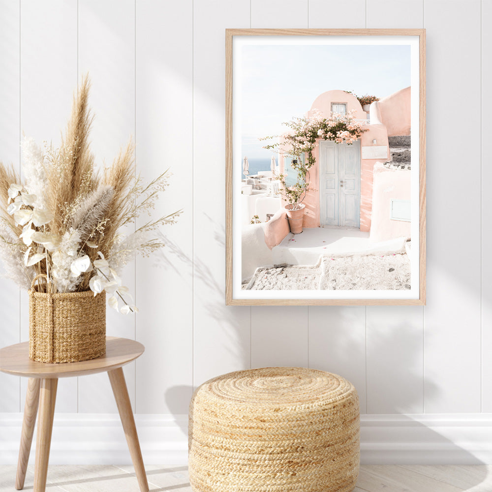 Shop Santorini Pink House III Photo Art Print a coastal themed photography wall art print from The Print Emporium wall artwork collection - Buy Australian made fine art poster and framed prints for the home and your interior decor, TPE-1326-AP