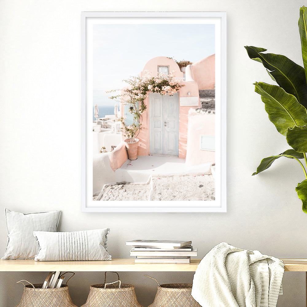 Shop Santorini Pink House III Photo Art Print a coastal themed photography wall art print from The Print Emporium wall artwork collection - Buy Australian made fine art poster and framed prints for the home and your interior decor, TPE-1326-AP
