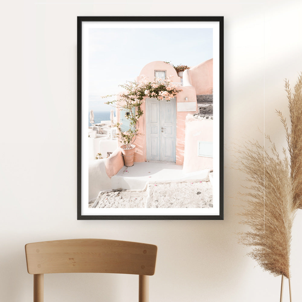 Shop Santorini Pink House III Photo Art Print a coastal themed photography wall art print from The Print Emporium wall artwork collection - Buy Australian made fine art poster and framed prints for the home and your interior decor, TPE-1326-AP