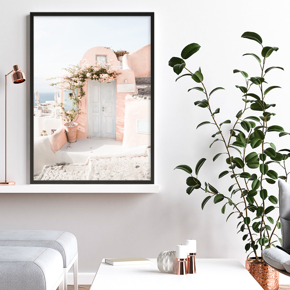 Shop Santorini Pink House III Photo Art Print a coastal themed photography wall art print from The Print Emporium wall artwork collection - Buy Australian made fine art poster and framed prints for the home and your interior decor, TPE-1326-AP