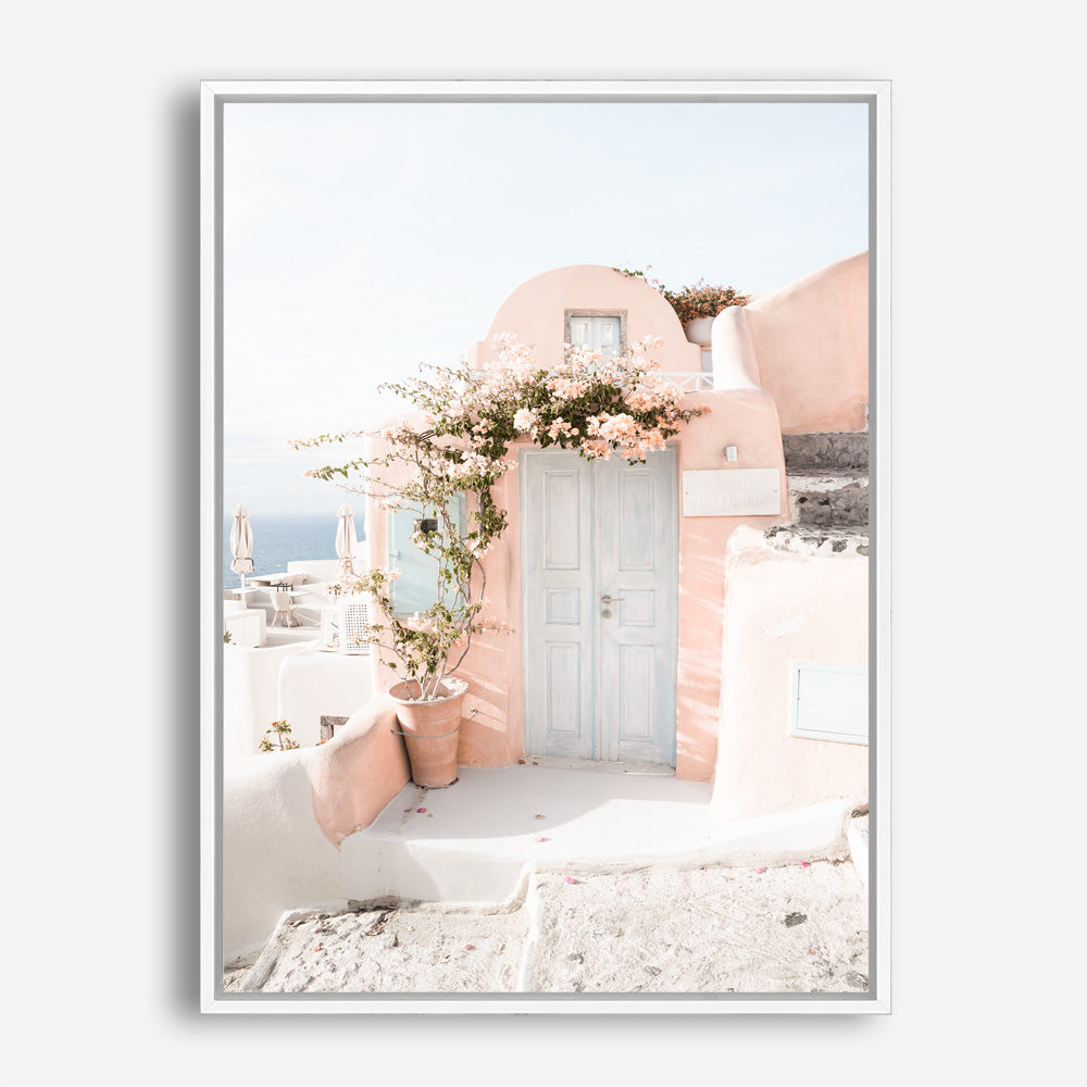 Shop Santorini Pink House III Photo Canvas Print a photography framed stretched canvas print from The Print Emporium wall artwork collection - Buy Australian made prints for the home and your interior decor space, TPE-1326-CA-35X46-NF