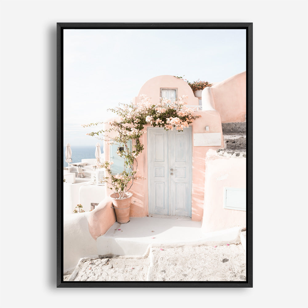 Shop Santorini Pink House III Photo Canvas Print a photography framed stretched canvas print from The Print Emporium wall artwork collection - Buy Australian made prints for the home and your interior decor space, TPE-1326-CA-35X46-NF