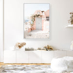 Shop Santorini Pink House III Photo Canvas Print a photography framed stretched canvas print from The Print Emporium wall artwork collection - Buy Australian made prints for the home and your interior decor space, TPE-1326-CA-35X46-NF