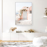 Shop Santorini Pink House III Photo Canvas Print a photography framed stretched canvas print from The Print Emporium wall artwork collection - Buy Australian made prints for the home and your interior decor space, TPE-1326-CA-35X46-NF